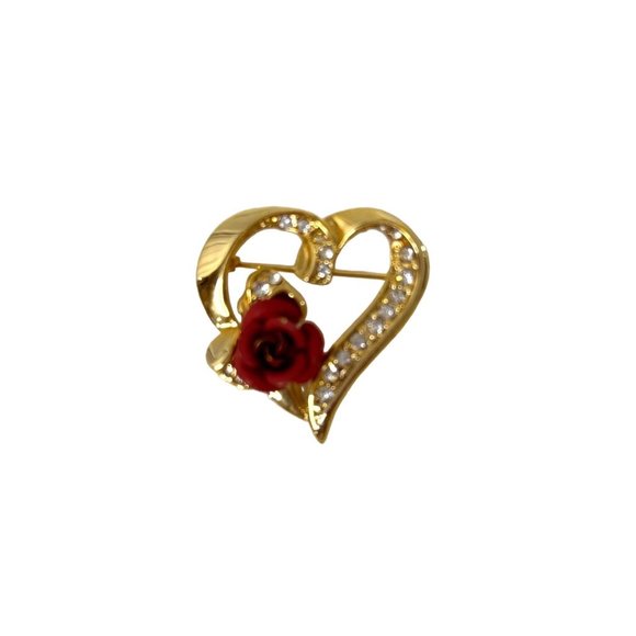Heart Brooch Pin Gold Tone Red Ceramic Rose Clear Rhinestones Shiny Roll Tab Arm - Picture 6 of 13